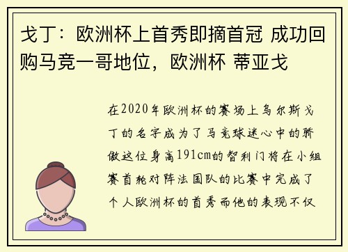 戈丁：欧洲杯上首秀即摘首冠 成功回购马竞一哥地位，欧洲杯 蒂亚戈