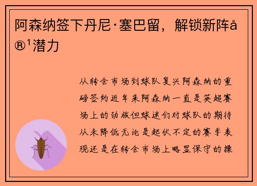 阿森纳签下丹尼·塞巴留，解锁新阵容潜力
